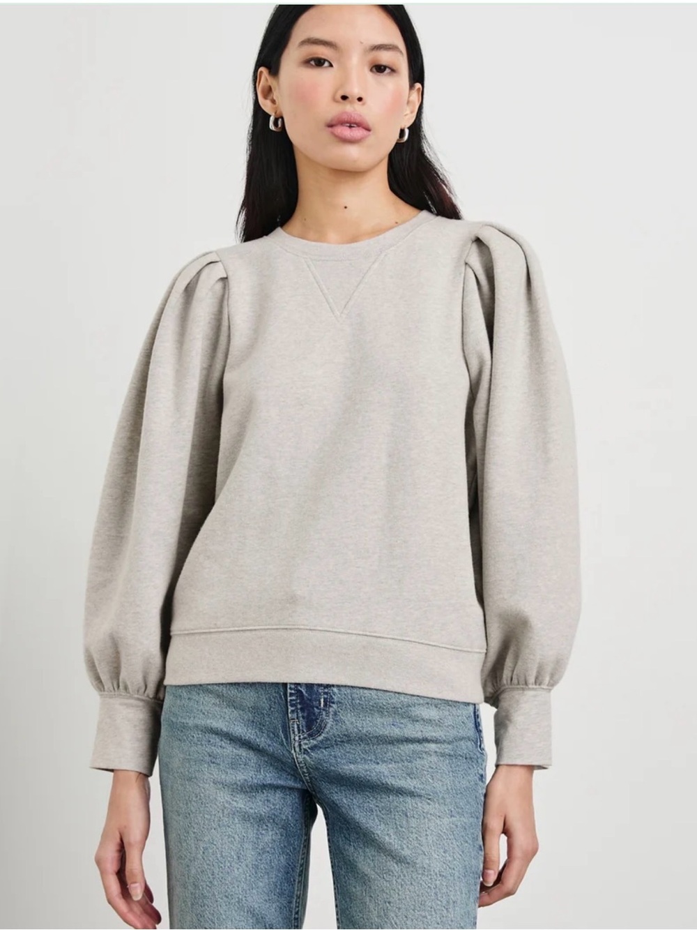 Rails Puff-Sleeve Crewneck Sweater in Gray